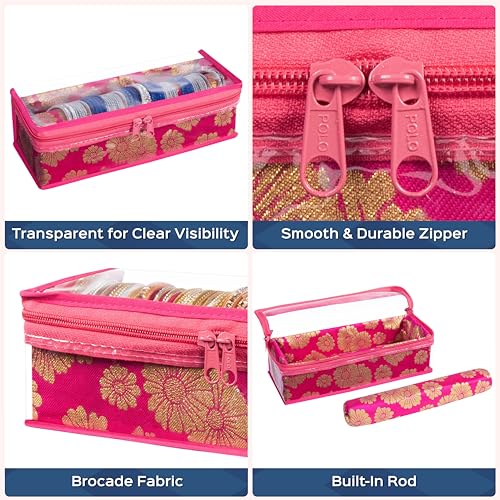 Image of HomeStrap Set of 2 Brocade Design Single Rod Storage Bangle Box for Women /Chudi Organizer Holder with Transparent Top (Pink)