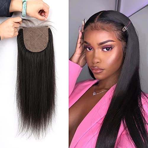Greatremy 4"x4" Silk Base Lace Closure Straight Virgin Hair With Baby Hair Free Part Natural Color 18inch