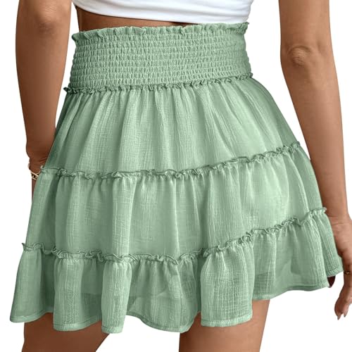 Women's Flowy Skirt With Elastic High Waist And Chafing Design Ruffle Solid Color Casual Summer Outfits Mini Skater2