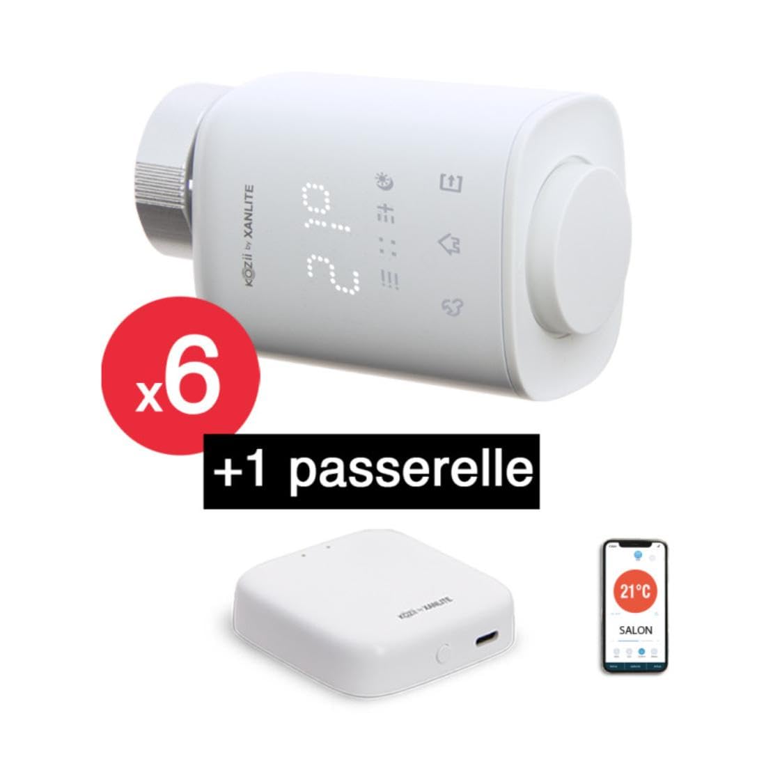 Xanlite - Pack Chauffage Connecté - 1 Passerelle KPAS01 + 6 Têtes Thermostatiques Connectées - Radiateurs Hydrauliques - Contrôle Intelligent - Blanc