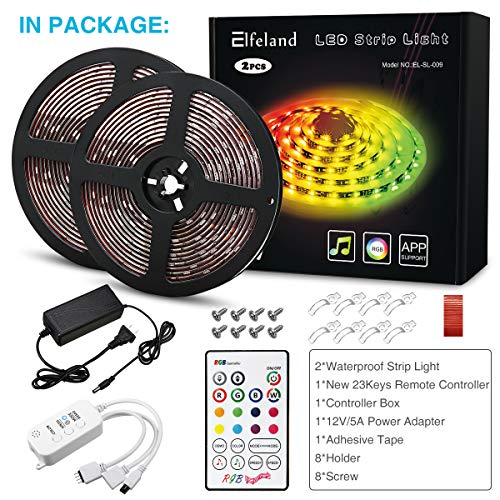Elfeland LED Strip Lights 32.8FT/10M 300 LEDs IP65 5050 RGB Strip Lights Music Sync Color Changing Rope Lights Flexible Tape Light Kit with APP Controller for Bedroom Home Kitchen