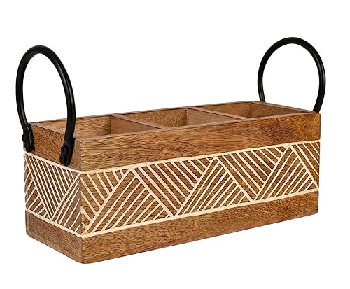 Image of Craft Expertise inchHandcrafted Wooden Cutlery Utensils Spoon Holder - 3 Compartment Large Organizer With Iron Handles - Rustic Brown, 11 X 4 X 4 Inches (Classic)