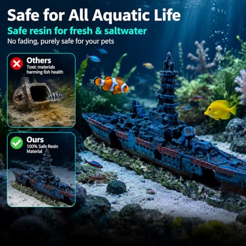 Image of Mipukbay Shipwreck Aquarium Decorations, Resin Fish Tank Artificial Rock Ornament for Freshwater /Saltwater, Safe Landscape Hideout for Betta Fish, Goldfish and Aquatic Pets