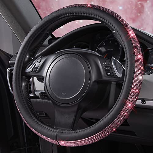 Image of CAR PASS Bling Diamond Leather Steering Wheel Cover, Bling Sparkly Crystal Glitter Rhinestones Universal Fit 14 inch 1 /2-15 inch Car Wheel Protect for Women Girl Fit Suvs,Vans,Sedans,Cars,Trucks, Pink Black