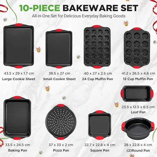 NutriChef Non-Stick Baking Tray Set 10-Piece, Stackable Oven-Safe Bakeware, Cookie Sheet, Loaf, Pizza, Muffin, Cake, Round & Square Pans, Non-Stick Trays with Red Silicone Handles - Image 5