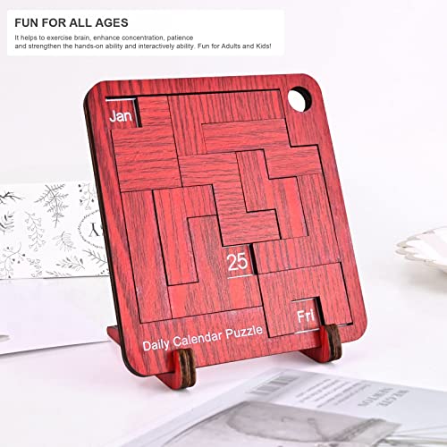Image of Wooden Daily Puzzle Calendar - 365 Days Brain Burning Jigsaw Puzzle Desk Calendar for 2023 Advent Everyday Logic Challenges Fun Games (S-3.54 * 3.93 in, Red)
