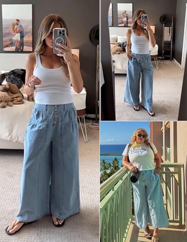 Lentta Women's Wide Leg Jeans Mid Rise Trousers Elastic Waist Button Pleated Denim Pants with Pockets(LightBlue-XL)4
