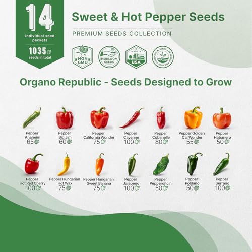 Organo Republic 14 Sweet & Hot Peppers Seeds Variety Pack - 1,030+ Non-GMO Heirloom Pepper Seeds for Outdoor and Indoor Home Gardening, Including Pepper Cayenne, Habanero, Jalapeno, Poblano, Serrano - Image 3