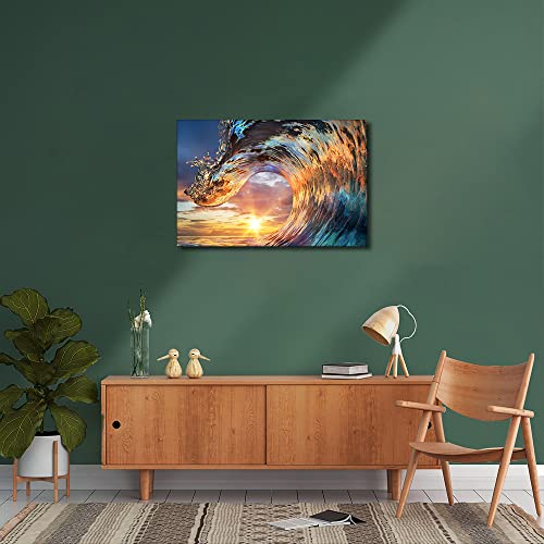 TISHIRON Canvas Wall Art Ocean Waves Painting Sunset Sea Wave Wall Decorations for Living Room Bedroom Bathroom Hang Pictures Modern Wall Office Canvas Art Prints Framed Ready to Hang (24X16in) - Image 3