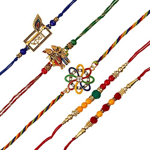 Image of eCraftIndia Set of 5 Rakhi Combo Hamper | Colorful Radha Krishna Peacock Feather Flower Pearl Designer Rakhis | Roli Chawal Pack
