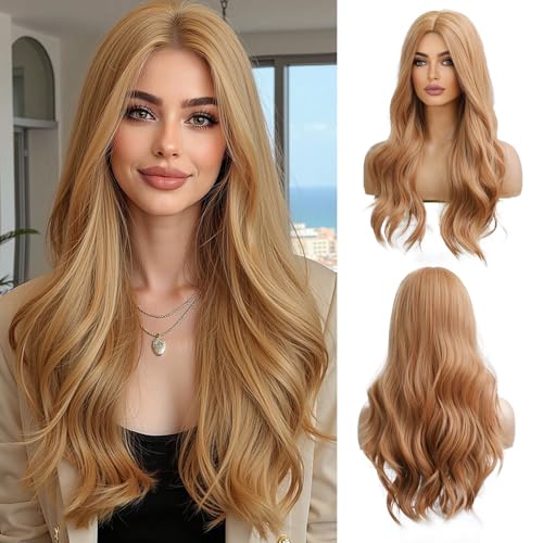 OUFEI Long Wavy Strawberry Blonde Wigs for Women Natural Synthetic Hair Heat Resistant Wigs for Daily Party Cosplay Wear-24 Inches