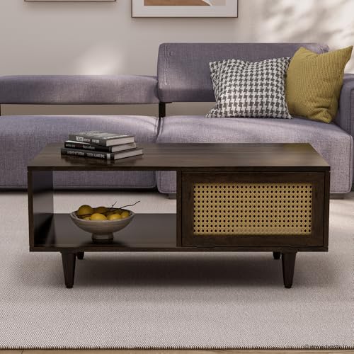 Image of Bhawo Solid Sheesham Wood Coffee Table & Center Table for Living Room with Rattan Cane Lift-Down Shutter & Open Shelf, Solid Wooden Teapoy for Sofa with Storage (Walnut Finish)