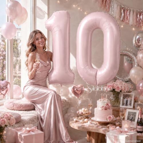 Image of 40 Inch Light Pink Number 10 Balloon 0-9 10th Foil Big Giant | Digital for Birthday Anniversary Graduation Decorations