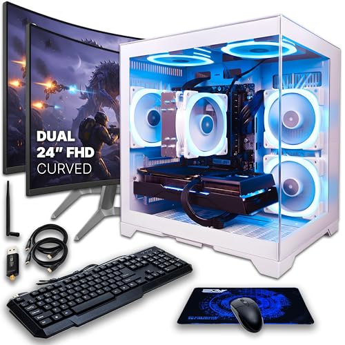Image of SAAV Drex Prebuilt Gaming PC Bundle Desktop Tower Intel Core i7-12700KF Radeon RX 9060 XT 8GB GDDR6 Dual Curved 24in Monitors 32GB DDR4 1TB NVMe SSD WiFi 6 Windows 11 White RGB Computer PC Gaming