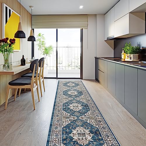 Hallway Washable Runner Rug - 2'6x12 Kitchen Rugs Entryway Rug Runner Vintage Soft Floor Mat Non Slip Indoor Farmhouse Carpet for Bathroom Living Room Bedroom (2'6''x12', Blue)