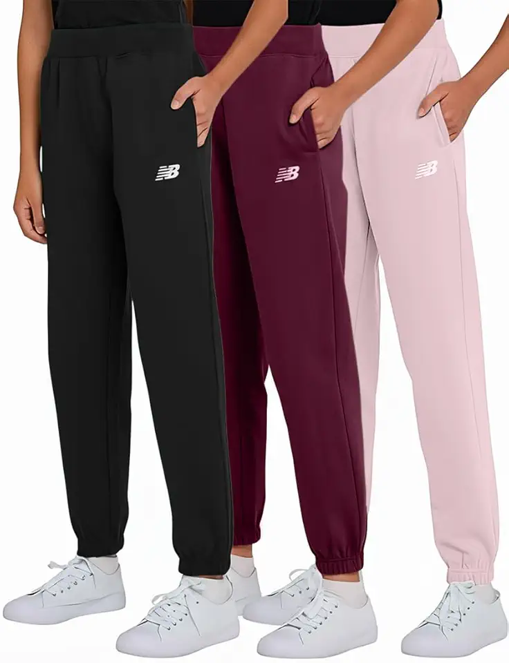 New Balance Girls Active Fleece Jogger 3 Pack – Soft Cotton Blend Fleece Athletic Performance Casual Sweatpants (4-16)