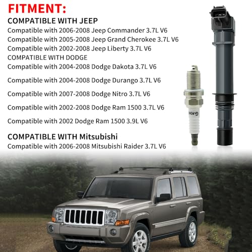 Image of Set of 8 UF270 Ignition Coil with Iridium Spark Plug Compatible with 2000 2001 2002 2003 2004 2005 2006 2007 Dodge Durango Ram Jeep Mitsubishi Grand Cherokee Commander Nitro Dakota 3.7L E593C, E509D