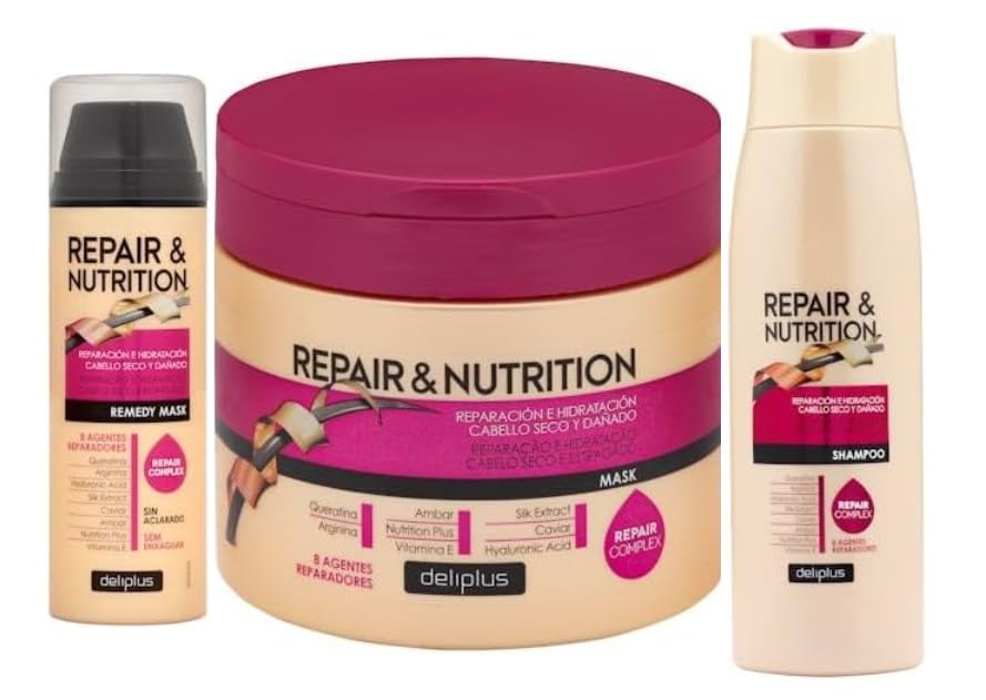 Kit Reparador y nutritivo para cabello seco y dañado Deliplus | Champu + mascarillas con aclarado y sin aclarado
