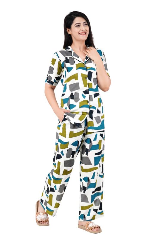 MintmarieWomen's Rayon Collared Neck Printed Night Suit Set - Top and Pajama Set,Sleepwear for Women, Comfortable Loungewear, Short Sleeve Nightwear