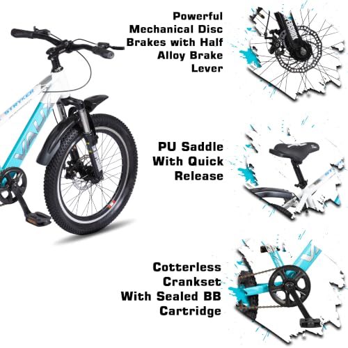 Image of Vaux Stryker 20inch Cycle for Kids 5 to 8 Years with Front Suspension, 20T Bicycle for Girls & Boys with Dual Disc Brakes, 12 inch Steel Frame, Alloy Rims, 20 * 2.40 Tyres(White-Blue)