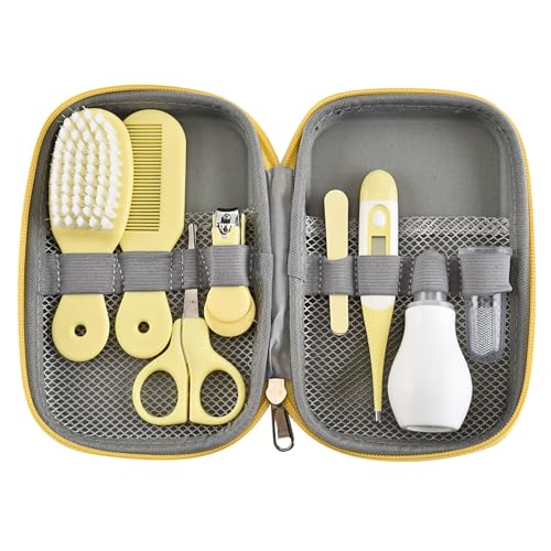 Kit de Aseo para Bebés, Set de Cuidado de Seguridad para Bebés con Cepillo para el Cabello, Cortaúñas, Limpiador de Nariz, Cepillo de Dientes para Dedos, Tijeras, Set de Manicura (Amarilla)