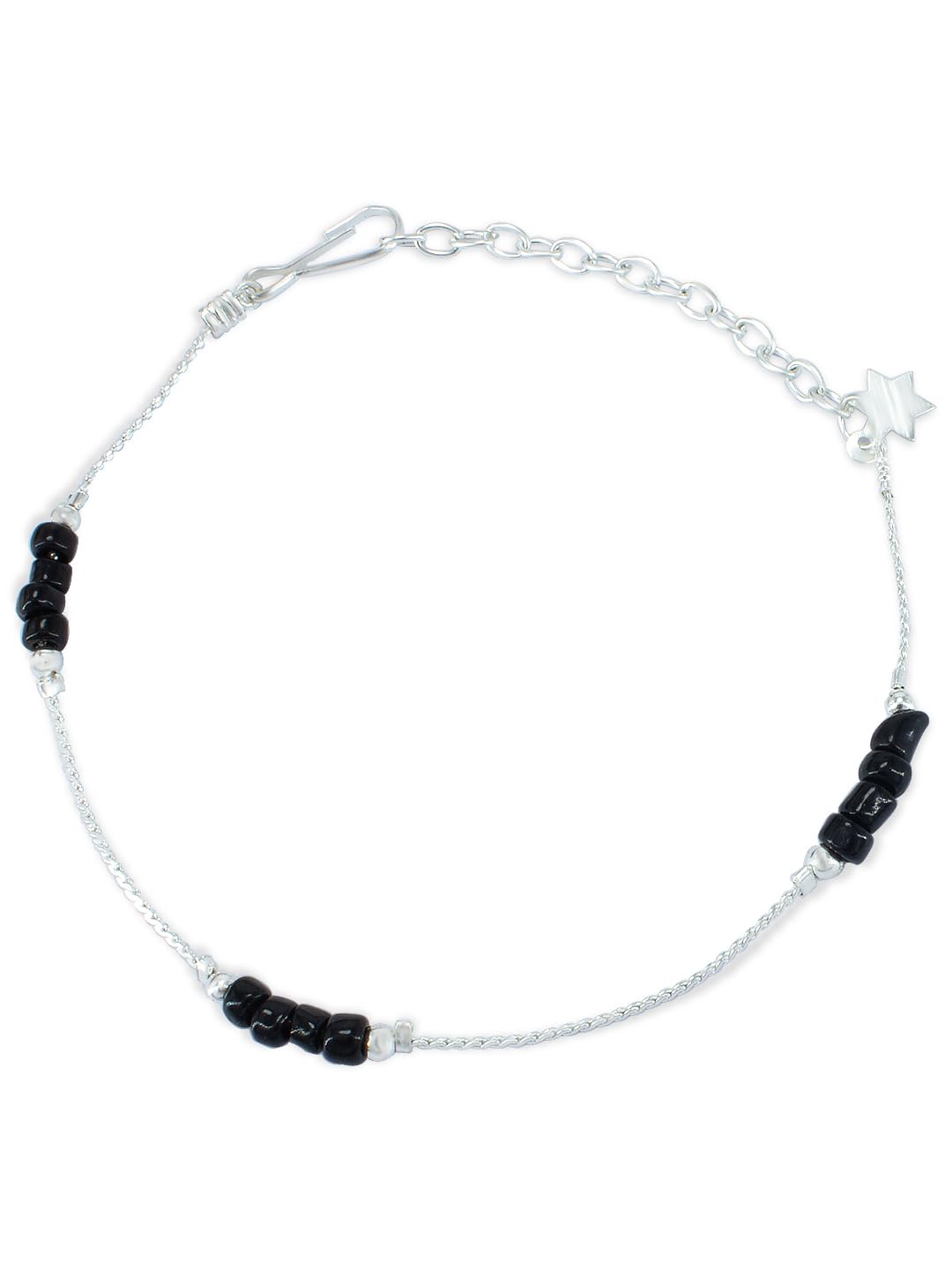 Studio Silver Plated Black Beads Slim Traditional Anklet for Women & Girls