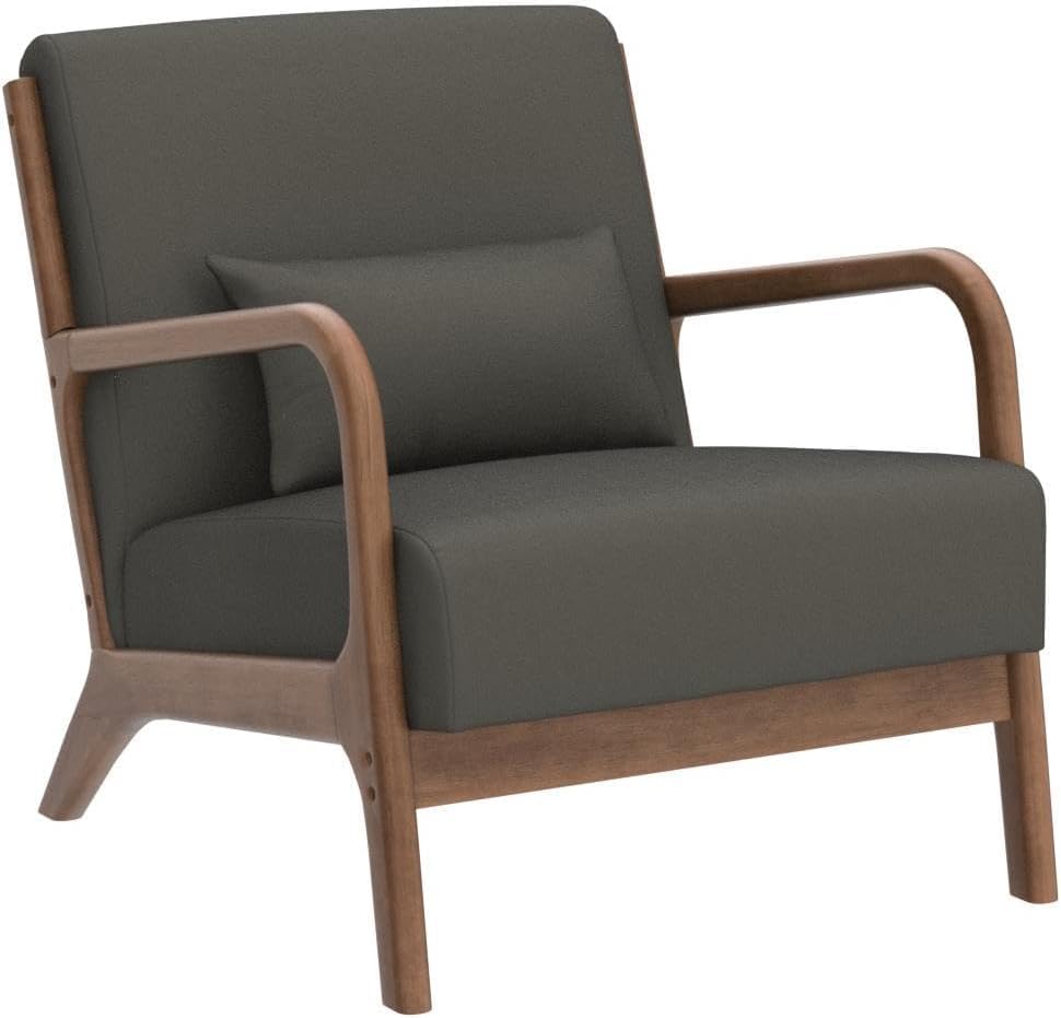 Image of Mid-Century Modern Accent Chair Set of 1, Upholstered Living Room Chairs with Waist Cushion, Reading Armchair for Home, Bedroom (Blackish Green)