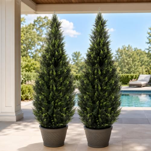 Image of Artificial Cedar Topiary Trees, 6 FT UV Resistant Faux Boxwood Plants,Front Porch Decorations Outdoor,Realistic Evergreen Cypress for Patio Decor Set of 2