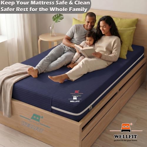 Image of WELLFIT Cotton Mattress Cover /Protector Premium Stripe Pattern Cotton Mattress Cover for Single Size Bed with Zip /Chain / 3x6 ft / 36x72x6 inch /Blue