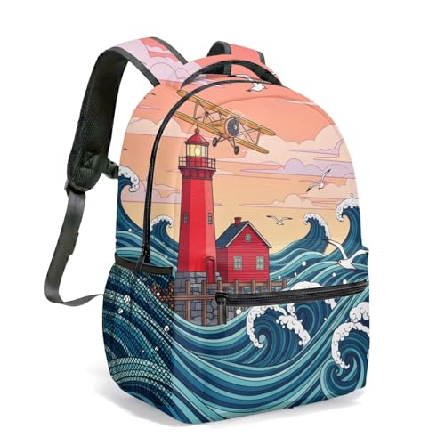 Mochila Lighthouse Waves de 40,6 cm com estampa de céu estrelado náutico e bússola de gaivota, bolsa de arte gráfica marítima, 04, Large, Mochila Tbku