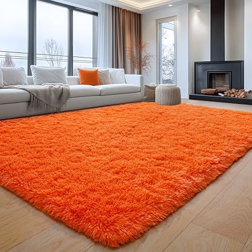 Image of 5x7 Area Rugs for Living Room, Orange Fluffy Shag Rug for Bedroom