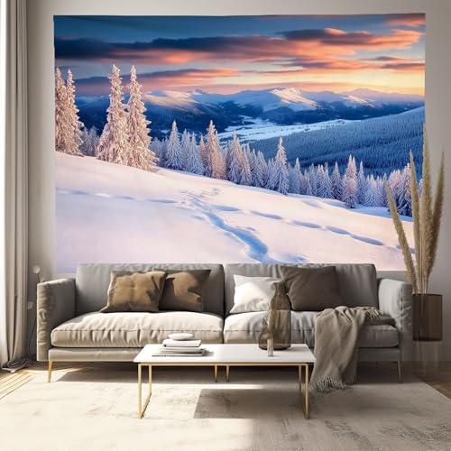 Paysage enneigé d'hiver tapisserie murale grand format pour déco de salon et chambre