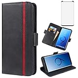 Phone Case for Samsung Galaxy S9 Leather Wallet Cases with Tempered Glass Screen Credit Protector Accessories Card Holder Full Body Flip Folio Cover Glaxay S9 Edge Galazy 9S GS Women Men Black