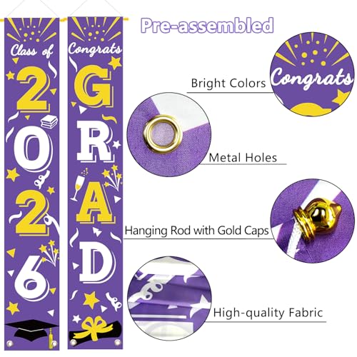 Image of Graduation Porch Banner Class Sign Congrats Grad Hanging Flags High School College University Party Decoration For Front Door Outdoor Purple Gold