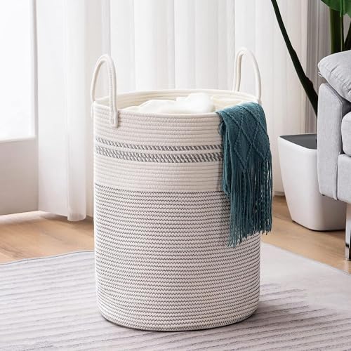 Image of Laundry Basket for Clothes | Cotton Rope Laundry Basket with Handles | Foldable Clothes Storage Basket for Bedroom, Bathroom & Laundry Room | Laundry Bag for Clothes, 38 x 38 x 46 cm