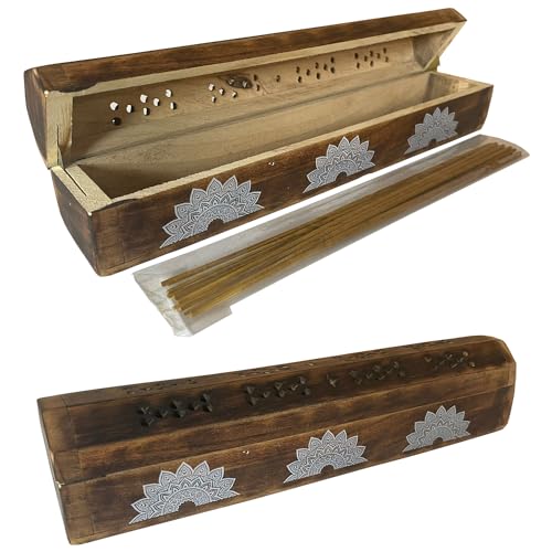 Quemador de Incienso [Incensario], Caja de Madera Decorativa Porta Incienso, Soporte Incienso para Varillas y Conos Hecha a Mano [Incluye 10 Varillas de Incienso] (Caja Flores)