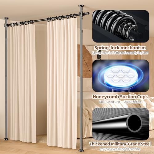 Image of Room Divider No Drilling Curtain Rod Wall Divider for Room Separation, 4-10ft(H) 28-70inch(W) Adjustable,Heavy Duty Floor to Ceiling Portable Hanging Wall Divider for Space Partitions,Black