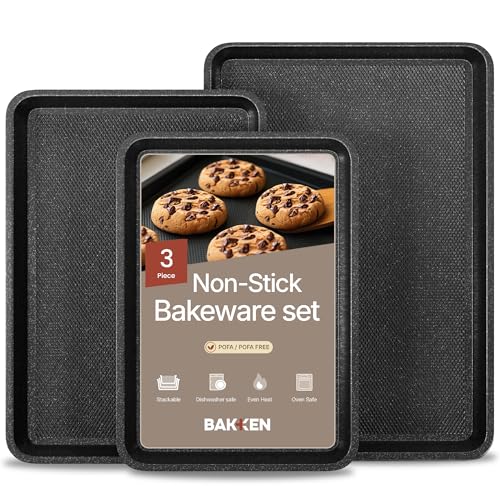 Image of BAKKEN Kitchen Baking Pans - Small, Medium, and Large Cookie Pan (13.58×9.65, 15.75×11, 17.91×12.60), Nonstick, Diamond Texture Bottom, PFOA, PFOS, PTFE Free, Oven Safe (450°F), Pack of 3, Gray Marble