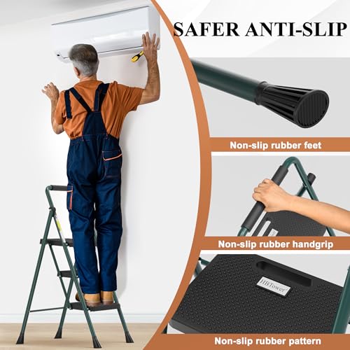HBTower Step Ladder, Folding Step Stool with Wide Anti-Slip Pedal, Sturdy Steel Ladder, Convenient Handrail, Lightweight, Portable Steel Step Stool