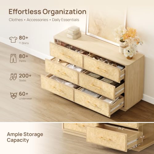 Image of SICOTAS 110 inch Extra Wide Dresser for Bedroom- Burl 6 Drawer Chest of Drawers