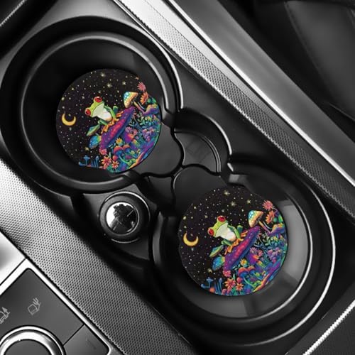Pensura Car Coasters 2 Pack Car Cup Holder, Absorbent Rubber Coaster, Auto Accessories for Women Men, Universal Cup Mat for Most Cars Interior(Psychedelic Mushroom Hippie Frog)