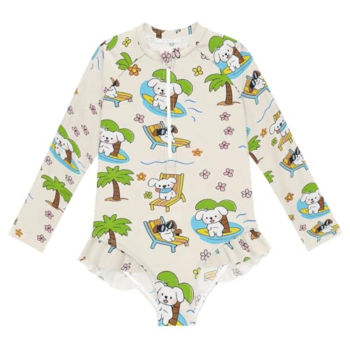 ALAZA Swimsuit for Girls Long Sleeve Rashguard Bathing Suit Puppy Palm Tree Quick Dry 4T