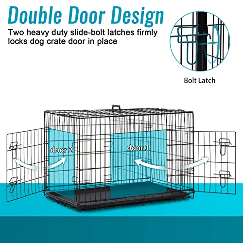 FDW Dog Crate for Small Dogs 24 Inch Folding Metal WirePet Cage Double Door W/Divider Panel Indoor Outdoor Kennel Leak-Proof Plastic Tray,Black - Image 4