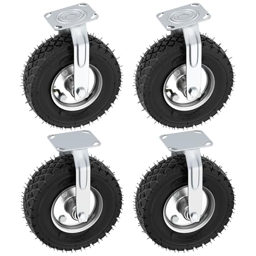 10 Inch Pneumatic Caster Wheels Set of 4 (2 Swivel/2 Rigid), Heavy Duty Silent Industrial Casters, Tolerable 1300 LBS, Rubber Swivel Wheels for Workbench, Cart, Trolley, Wagon and Shelves