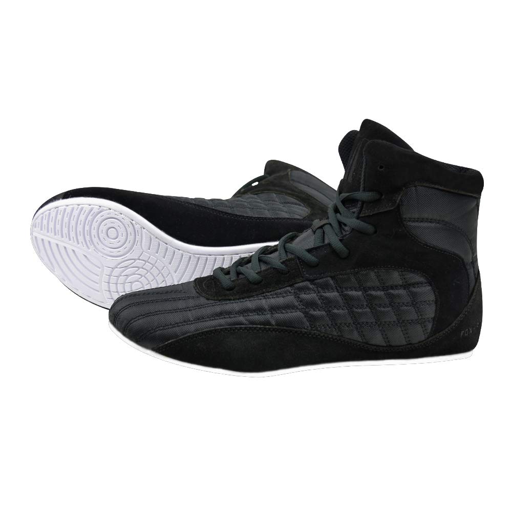 FOX-FIGHT Chaussures de Sport de Combat | Pour Homme et Femme | Respirantes et Flexibles | Daim | Lutteur | Fitness Athlétique | Bodybuilding, Noir, 44 EU