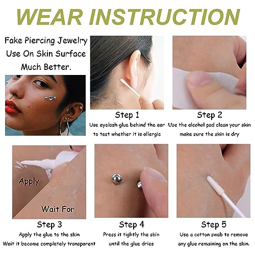 BodyAce 24Pcs Fake Nose Lip Labret Studs Eyebrow Rings, 3mm 4mm Replacement Balls Long Spike Cone with Eyelash Glue, Non-Piercing Body Jewelry Fake Skin Piercing3