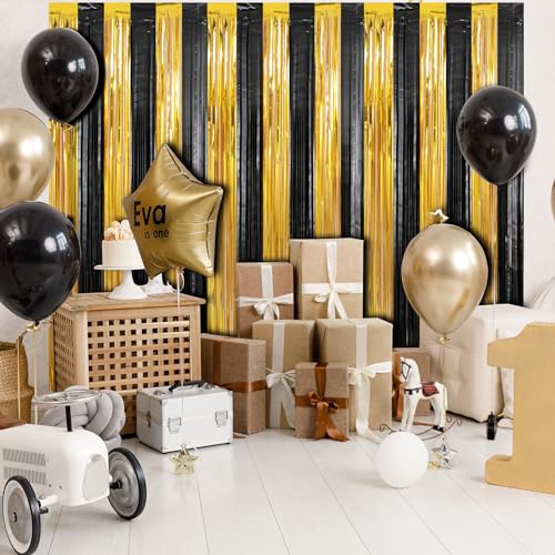 Image of Crosize 3 Pack 3.3 x 9.9 ft Black & Gold Foil Fringe Curtains Party Decorations, Black & Gold Tinsel Curtain Backdrop for Parties, Door Streamers, Glitter Streamer Backdrop for Birthday Decoration