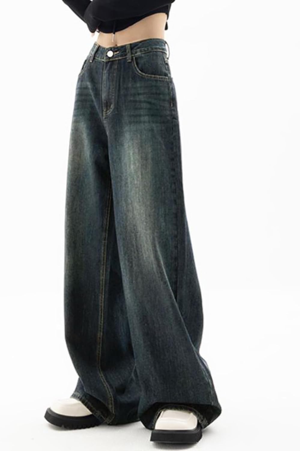 EMMIOL Mid-Low Rise Baggy Jeans for Women, Straight Leg Vintage Boyfriend Jeans with Distressed Details