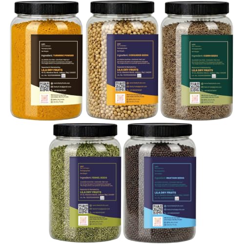 Image of LILA DRY FRUITS Indian Dal Tadka Spices Masala Combo | Jeera, Rai, Haldi, Dhania & Saunf 100 Gms Each