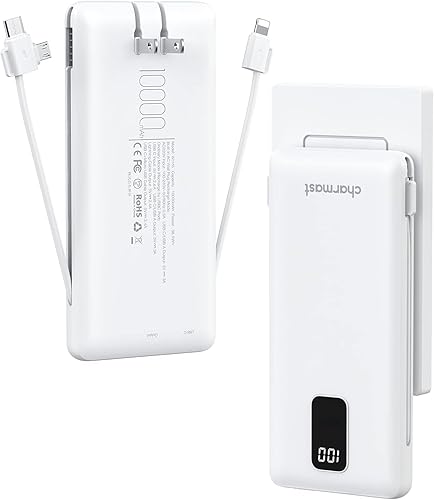 Charmast Cargador portátil con cables integrados y enchufe de pared de CA, banco de energía delgado compacto de 10000 mAh, paquete de batería